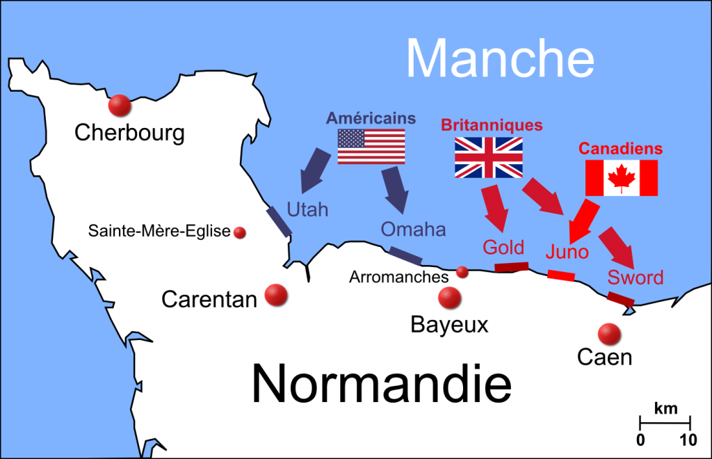 Carte du débarquement : Utah, Omaha, Sword, Juno, Gold